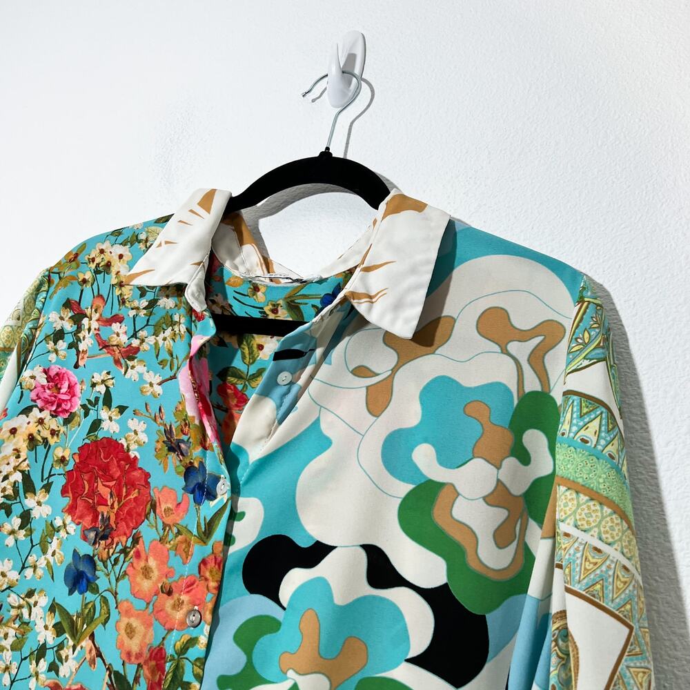 Rose + Olive Top 2X Womens Plus Size Artsy Floral Button Up Blouse Flowy Boho - Picture 2 of 6